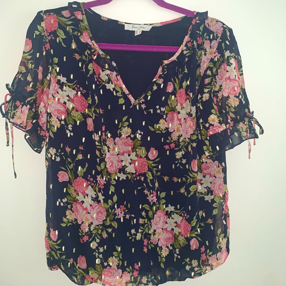 Haver & Blair London Navy and Pink Floral Blouse Size Medium